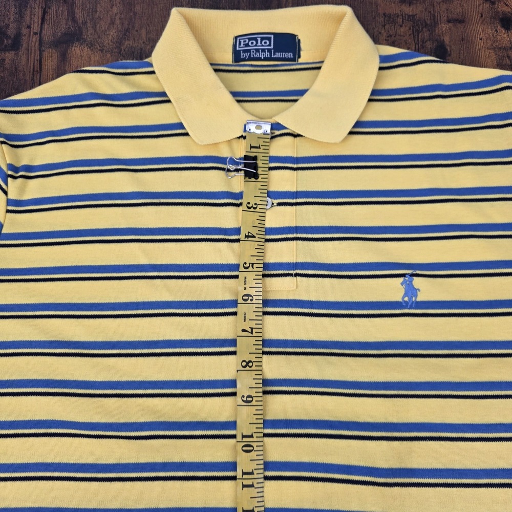 VTG Polo Ralph Lauren Polo Shirt Yellow Blue Striped Soft‎ Blue Pony Men's Large - Picture 7 of 8